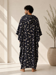 Men’s Black Printed Oversized Hooded Kaftan – Bohemian Robe Kimono