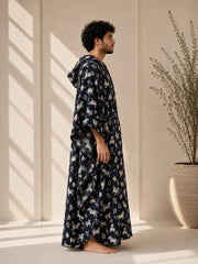 Men’s Black Printed Oversized Hooded Kaftan – Bohemian Robe Kimono