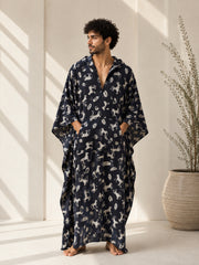 Men’s Black Printed Oversized Hooded Kaftan – Bohemian Robe Kimono