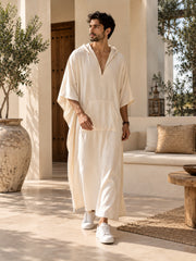 Men’s Off White Hooded Linen Oversized Kaftan – Resort Wear Beach Cover-Up