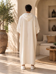 Men’s Off White Hooded Linen Oversized Kaftan – Resort Wear Beach Cover-Up
