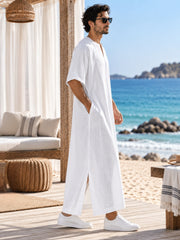 Men’s White Pure Linen Kaftan – Relaxed Islamic Robe