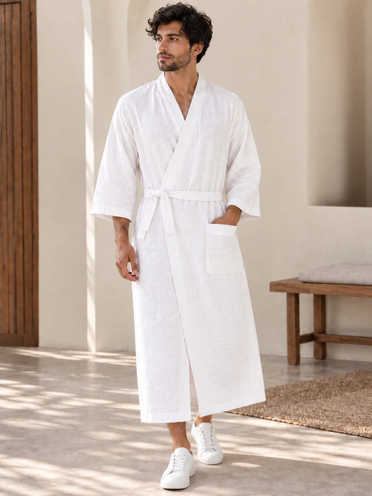 Men’s White Linen Wrap Robe Kaftan – Oversized Resort Wear