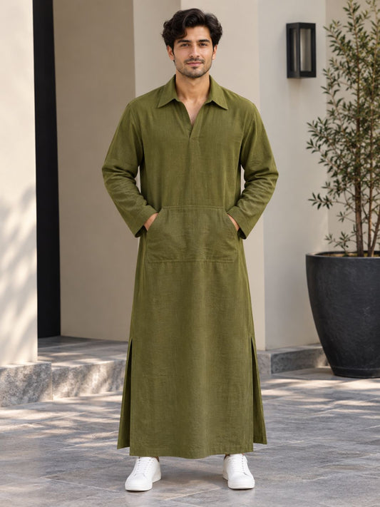 Men’s Green Solid Linen Oversized Resort Wear Kaftan