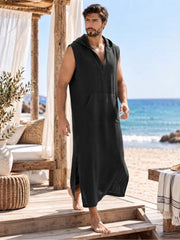 Men’s Black Hooded Linen Kaftan – Oversized Resort Wear