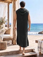 Men’s Black Hooded Linen Kaftan – Oversized Resort Wear