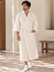 Men’s Off White Linen Wrap Robe Kaftan – Oversized Resort Wear