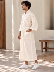 Men’s Off White Linen Wrap Robe Kaftan – Oversized Resort Wear