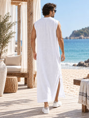 Men’s White Solid Linen Kaftan – Oversized Resort Wear