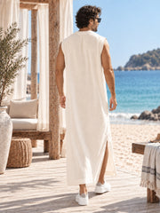Men’s Off White Solid Linen Kaftan – Oversized Resort Wear