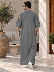 Men’s Pure Linen Solid Grey Kaftan – Oversized Resort Wear Beach Cover-Up