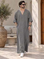 Men’s Pure Linen Solid Grey Kaftan – Oversized Resort Wear Beach Cover-Up
