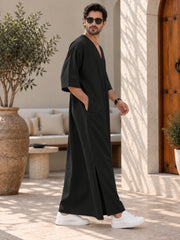 Men’s Pure Linen Solid Black Kaftan – Oversized Resort Wear Beach Cover-Up