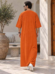 Men’s Pure Linen Solid Orange Kaftan – Oversized Resort Wear Beach Cover-Up