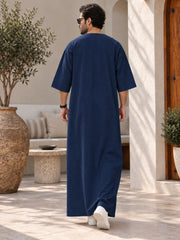 Men’s Pure Linen Navy Blue Kaftan – Oversized Resort Wear Beach Cover-Up