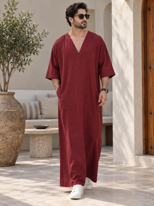 Men’s Pure Linen Maroon Kaftan – Oversized Resort Wear Beach Cover-Up