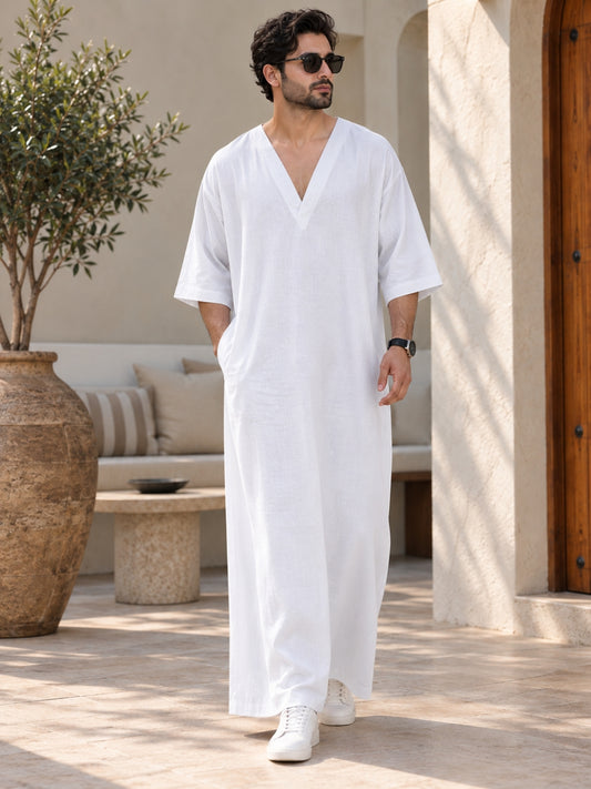 Men’s Pure Linen White Kaftan – Oversized Resort Wear Beach Cover-Up