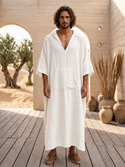 Men’s Off White Hooded Linen Kaftan – Oversized Resort Wear Beach Cover-Up