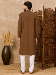 Oat (Khaki) Cotton Kurta and White Pajama Set for Men
