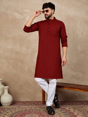 Maroon Cotton Kurta and White Pajama Set for Men