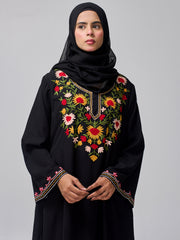 Women's Embroidered Modest Black Abaya Burqa with Black Hijab