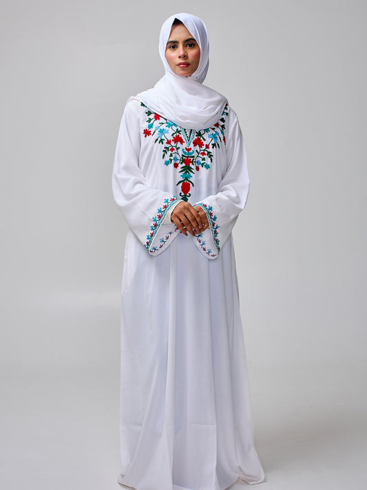 Women's Embroidered Modest White Abaya Burqa with Matching Hijab
