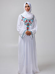 Women's Embroidered Modest White Abaya Burqa with Matching Hijab