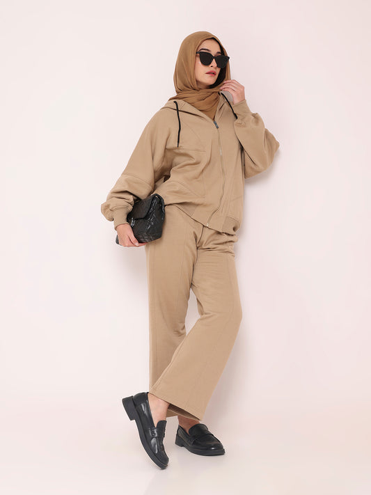 Beige Hooded Fleece Co-Ord – Modest Winter Wear Set for Women