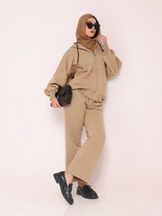 Beige Hooded Fleece Co-Ord – Modest Winter Wear Set for Women