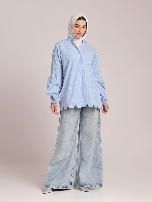 Blue Striped Front-Open Shirt /Top for Women– Modest Wear