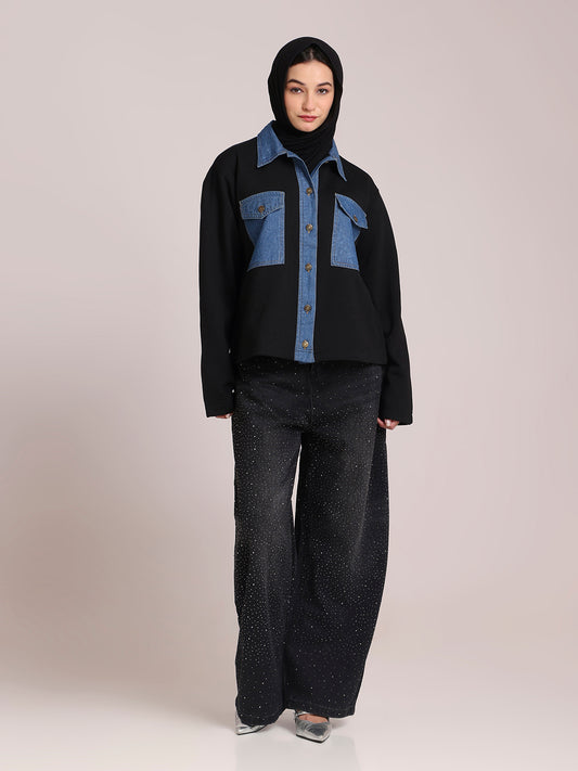 Fleece Denim Front Open Jacket for Women– Modest Winter Wear