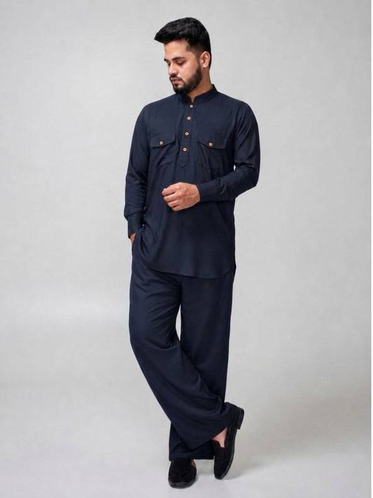 Navy Blue Solid Farsi Kurta Pants Set for Men