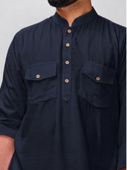 Navy Blue Solid Farsi Kurta Pants Set for Men