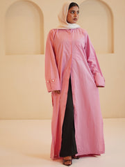 Modest Front Open Solid Pink Shirt Dress