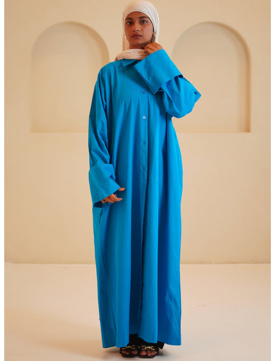 Modest Front Open Solid Rayol Blue Shirt Dress