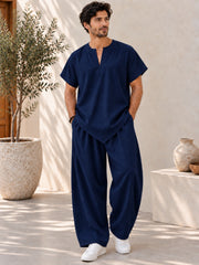 Men's Linen Solid Navy Blue Co-Ord Set