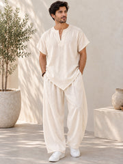 Men's Linen Solid Off White Co-Ord Set