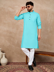 Sky Blue Cotton Kurta and White Pajama Set for Men