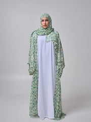 Green Printed Modest Shrug Abaya with White Inner & Matching Hijab