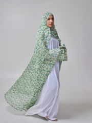 Green Printed Modest Shrug Abaya with White Inner & Matching Hijab
