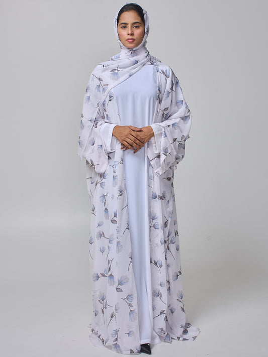 Women's White Printed Modest Shrug Abaya with Matching Inner & Hijab
