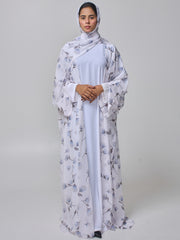 Women's White Printed Modest Shrug Abaya with Matching Inner & Hijab