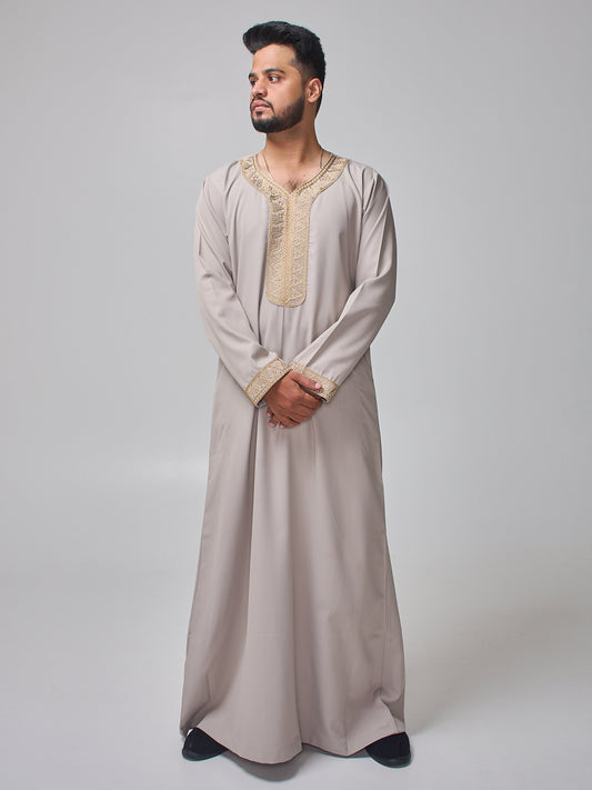 Men's Moroccan Embroidered Light Grey Thobe