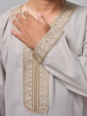 Men's Moroccan Embroidered Light Grey Thobe