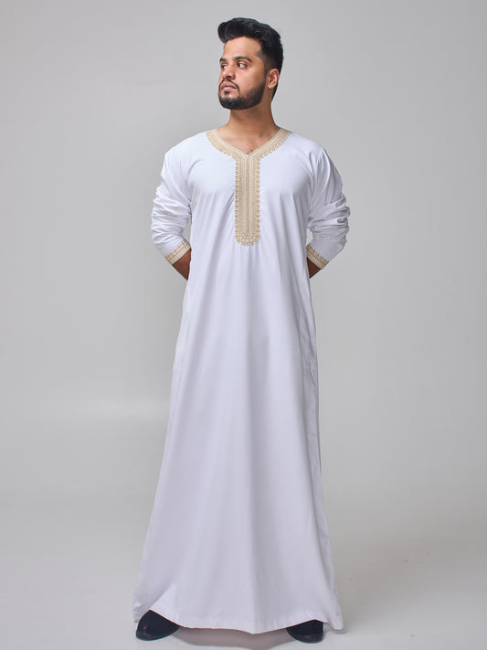 Men's Moroccan Embroidered White Thobe