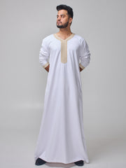 Men's Moroccan Embroidered White Thobe
