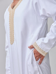 Men's Moroccan Embroidered White Thobe