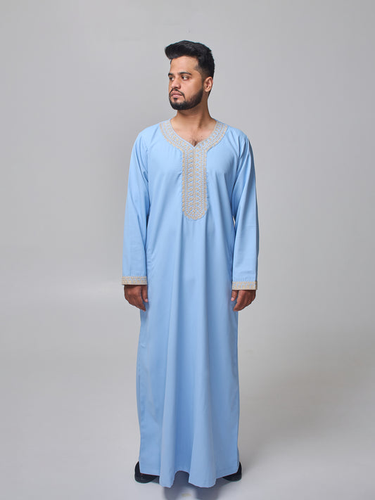 Men's Moroccan Embroidered Sky Blue Thobe