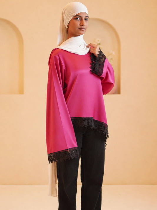Women’s Pink Modest Asymmetric Lace Tunic Top