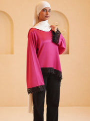 Women’s Pink Modest Asymmetric Lace Tunic Top